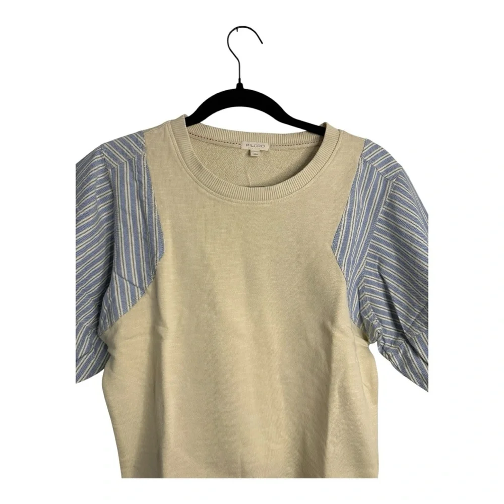 Pilcro Woven Crewneck Puff-Sleeve Top in Beige and‎ Blue Stripe XS NWT - Picture 6 of 14